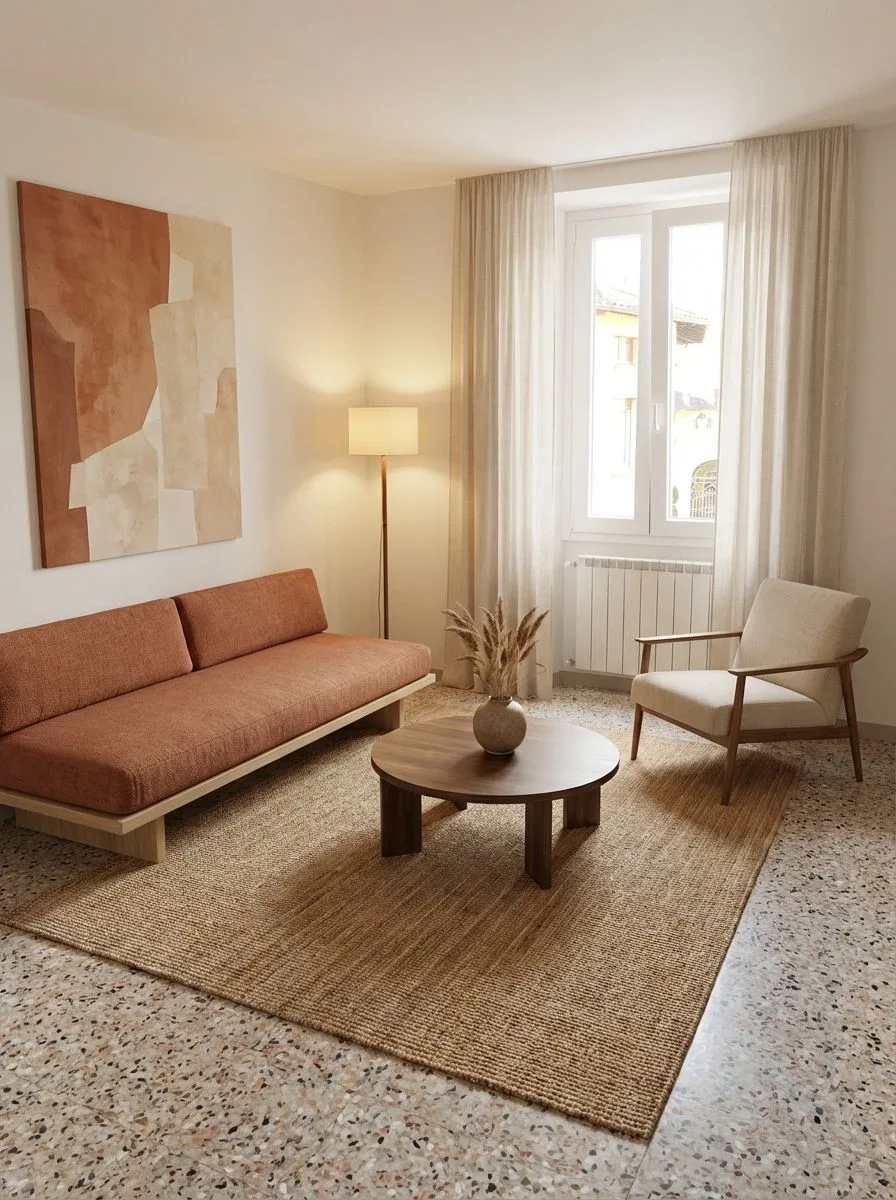 Neutral Scandinavian living room with terracotta sofa, wood frame armchair, round coffee table, jute rug, abstract art, photorealistic interior design photography, 8k