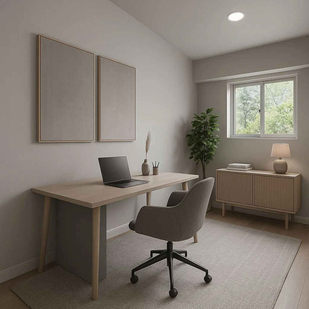 Minimalist home office with light oak desk, grey upholstered chair, neutral rug, simple framed artwork, recessed lighting, photorealistic interior design photography, 8k