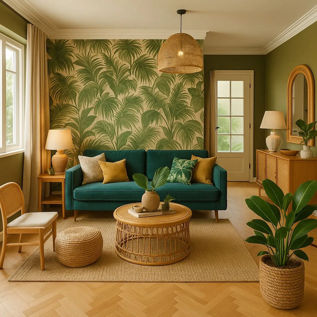 Tropical living room with olive green walls, palm leaf wallpaper, teal velvet sofa, rattan coffee table, jute rug, photorealistic interior design photography, 8k