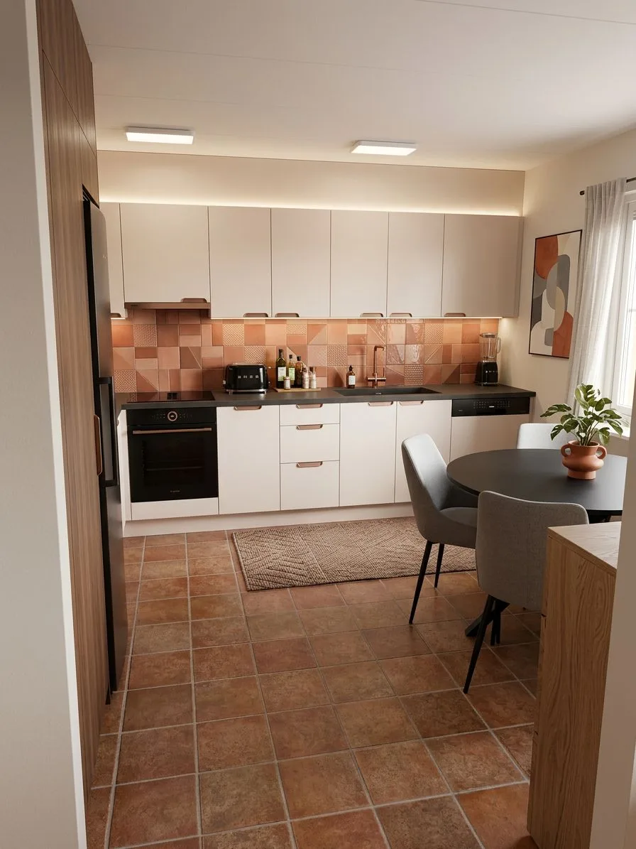 Modern European kitchen with white cabinets, copper backsplash, terracotta tile floors, black countertops, round dining table, gray chairs, photorealistic interior design photography, 8k