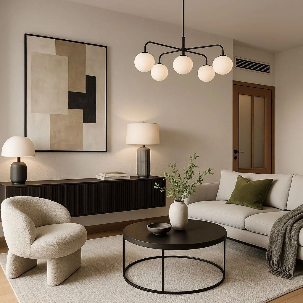 Modern neutral living room with beige boucle chair, off white sofa, black media console, round coffee table, abstract art, photorealistic interior design photography, 8k