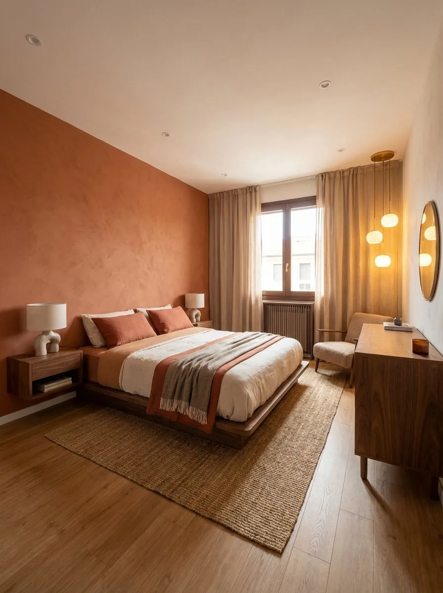 Warm contemporary bedroom with terracotta accent wall, platform bed, linen bedding, wood nightstands, jute rug, sheer curtains, photorealistic interior design photography, 8k