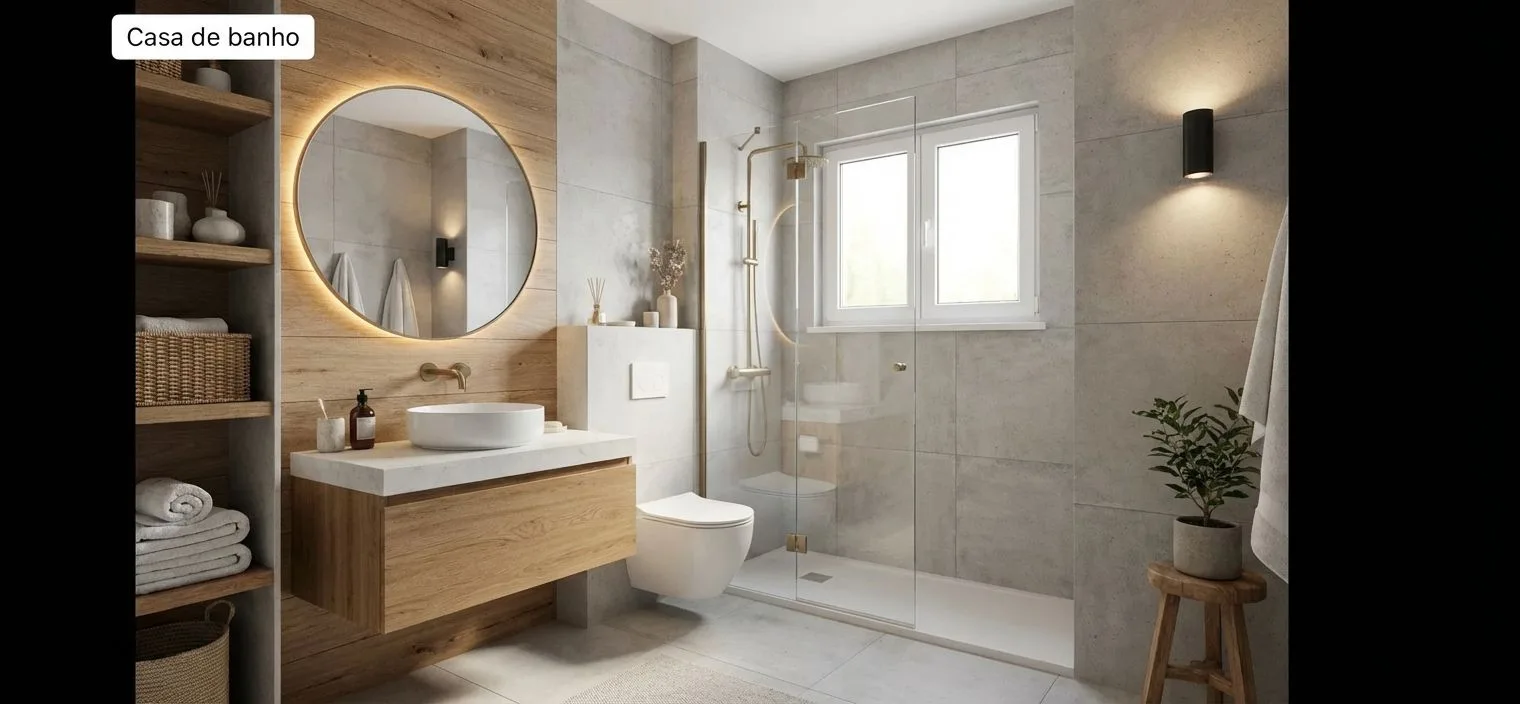 Modern bathroom with light wood vanity, round led mirror, gray porcelain tile walls, glass shower enclosure, brass fixtures, photorealistic interior design photography, 8k