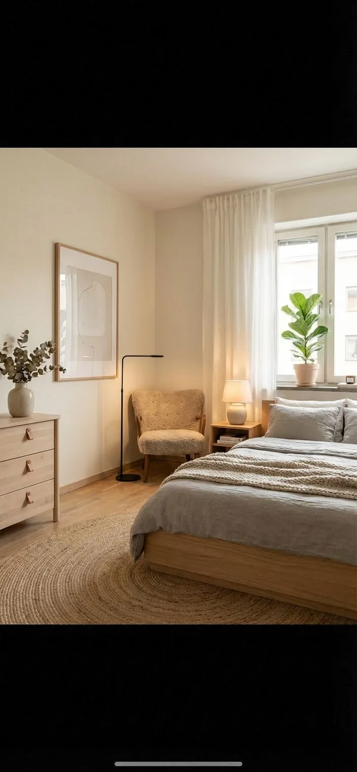 Neutral Scandinavian bedroom with light wood platform bed, linen bedding, jute rug, sheer curtains, black floor lamp, photorealistic interior design photography, 8k