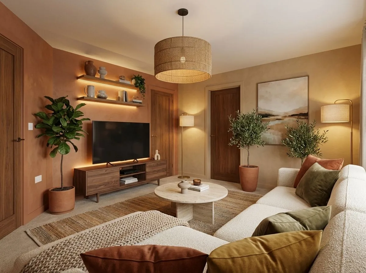 Warm contemporary living room with terracotta walls, white boucle sectional, woven pendant, wood media console, travertine coffee table, photorealistic interior design photography, 8k