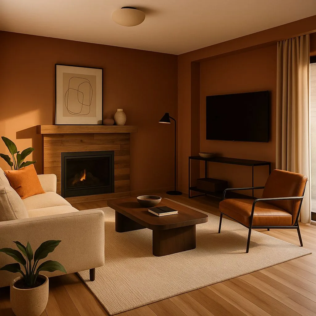 Warm terracotta living room with wood floors, cream sofa, wood burning fireplace, leather chair, black floor lamp, photorealistic interior design photography, 8k