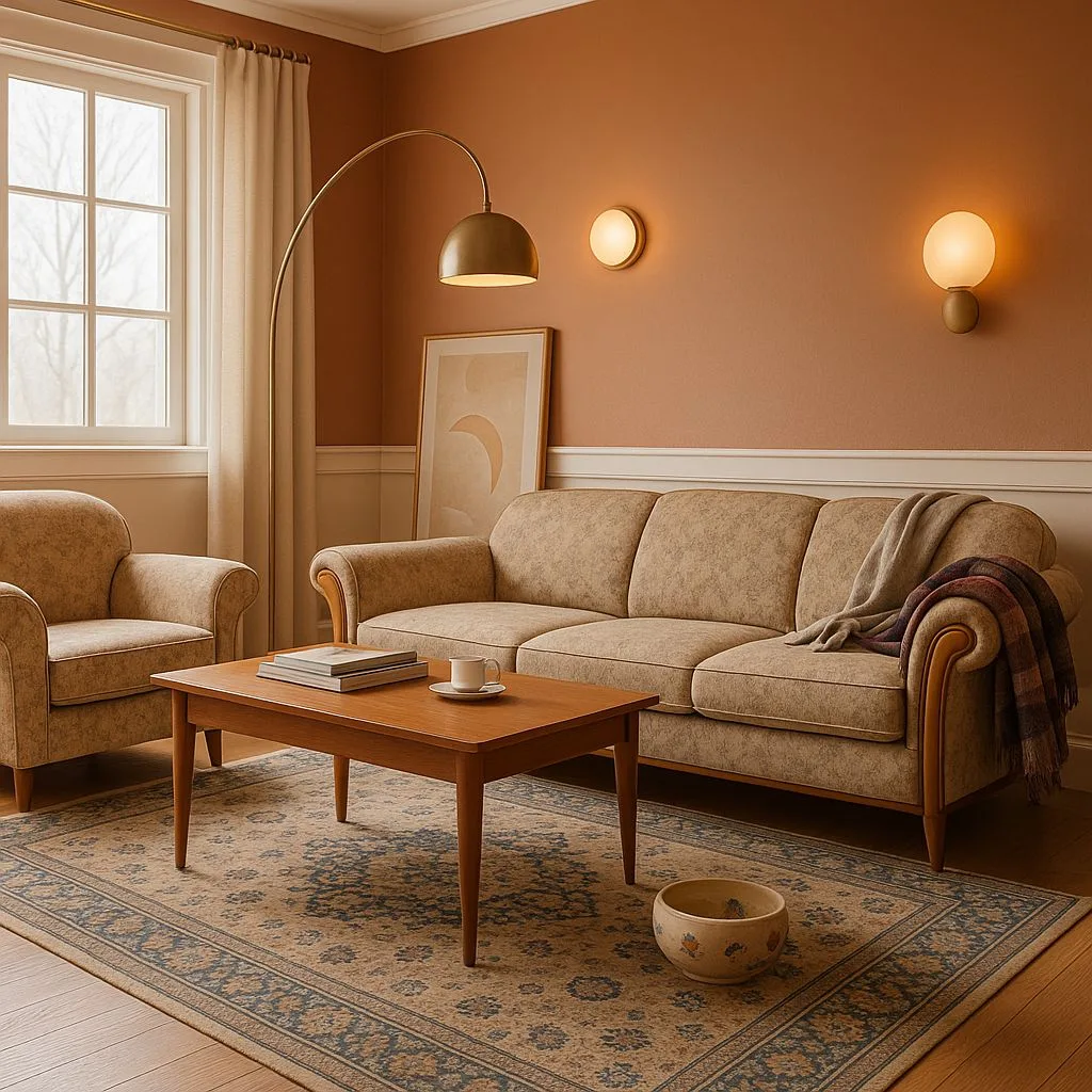Traditional living room with terracotta walls, patterned beige sofa, wood coffee table, vintage rug, brass floor lamp, photorealistic interior design photography, 8k