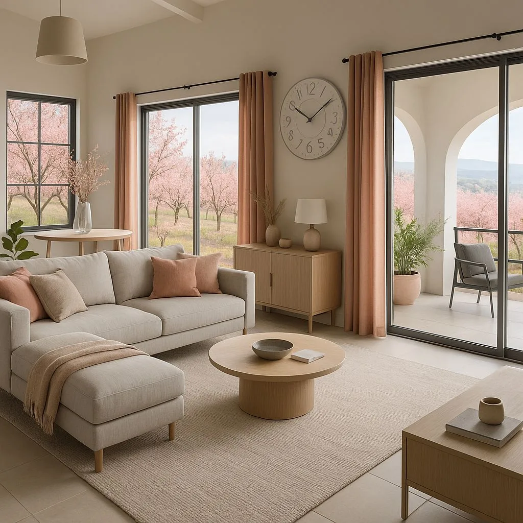Neutral Scandinavian living room with beige sectional, round wood coffee table, light wood cabinet, salmon curtains, beige rug, photorealistic interior design photography, 8k