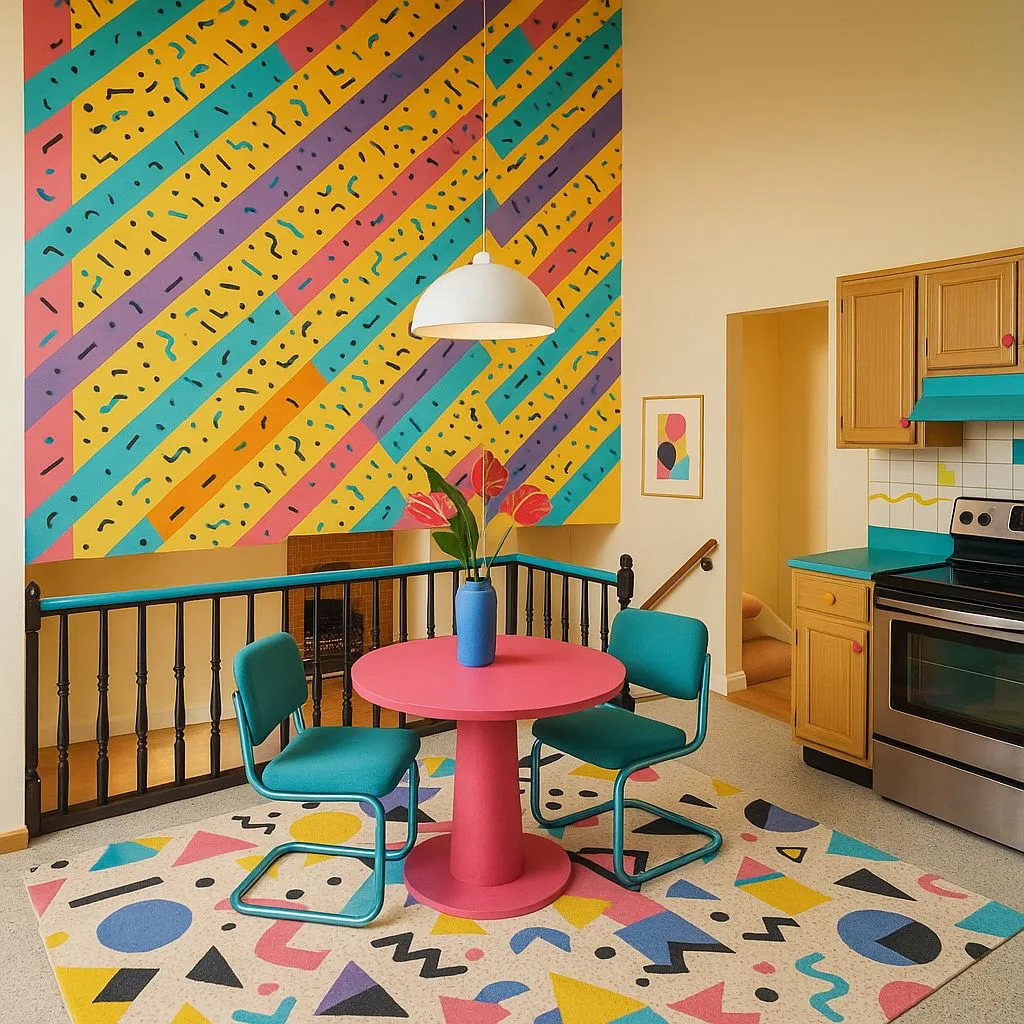 Memphis kitchen with oak cabinets, turquoise countertops, pink pedestal table, teal cantilever chairs, geometric rug, photorealistic interior design photography, 8k