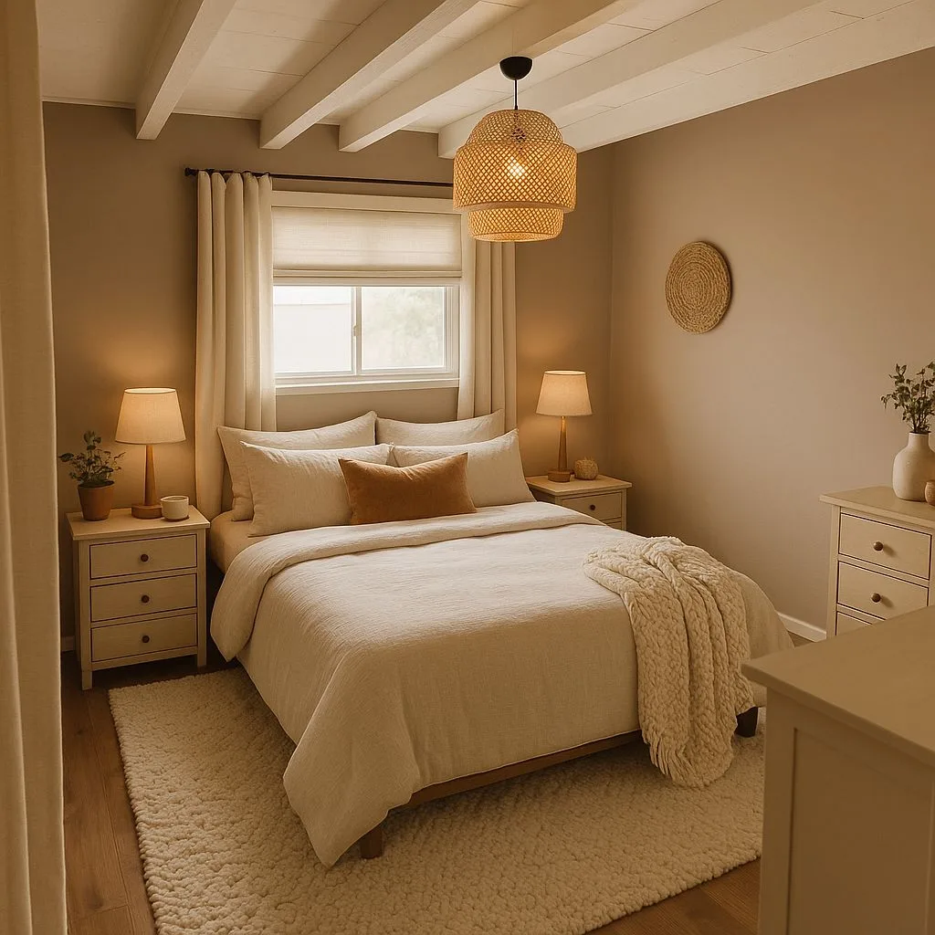 Neutral Scandinavian bedroom with white wood beams, linen bedding, woven pendant, white nightstands, soft white rug, photorealistic interior design photography, 8k