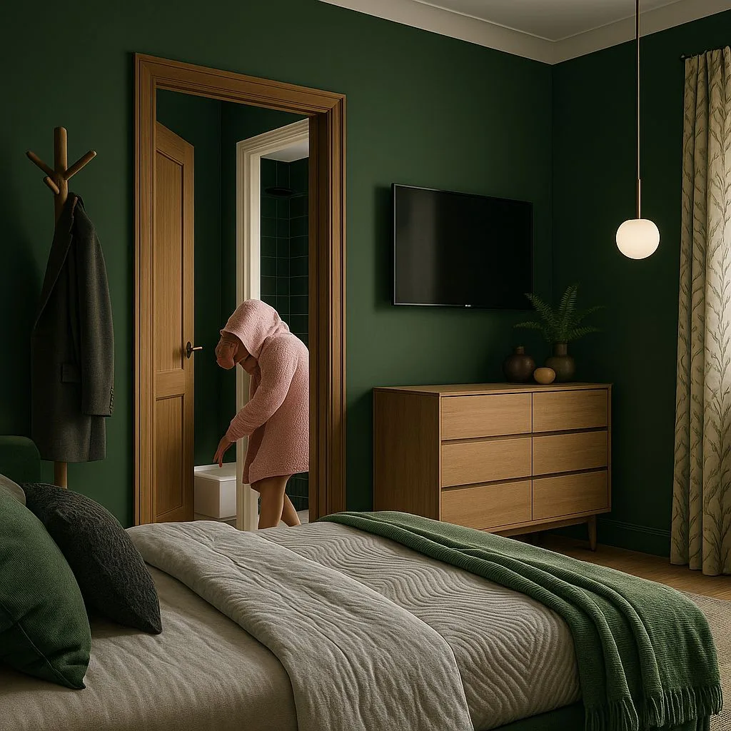 Moody dark green bedroom with light wood dresser, grey linen bedding, globe pendant light, wood trim, ensuite bathroom, photorealistic interior design photography, 8k