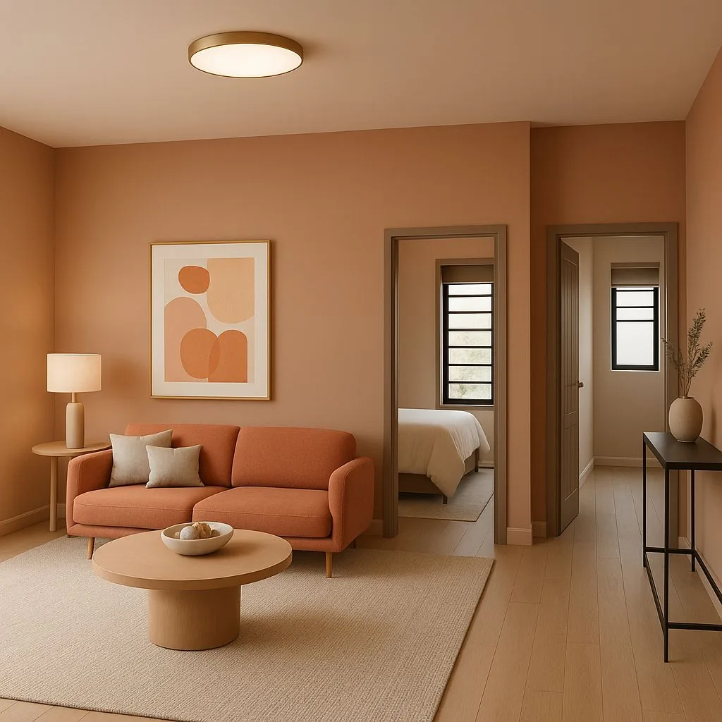 Mid-century modern living room with terracotta walls, peach sofa, light wood floors, beige rug, round wood table, photorealistic interior design photography, 8k
