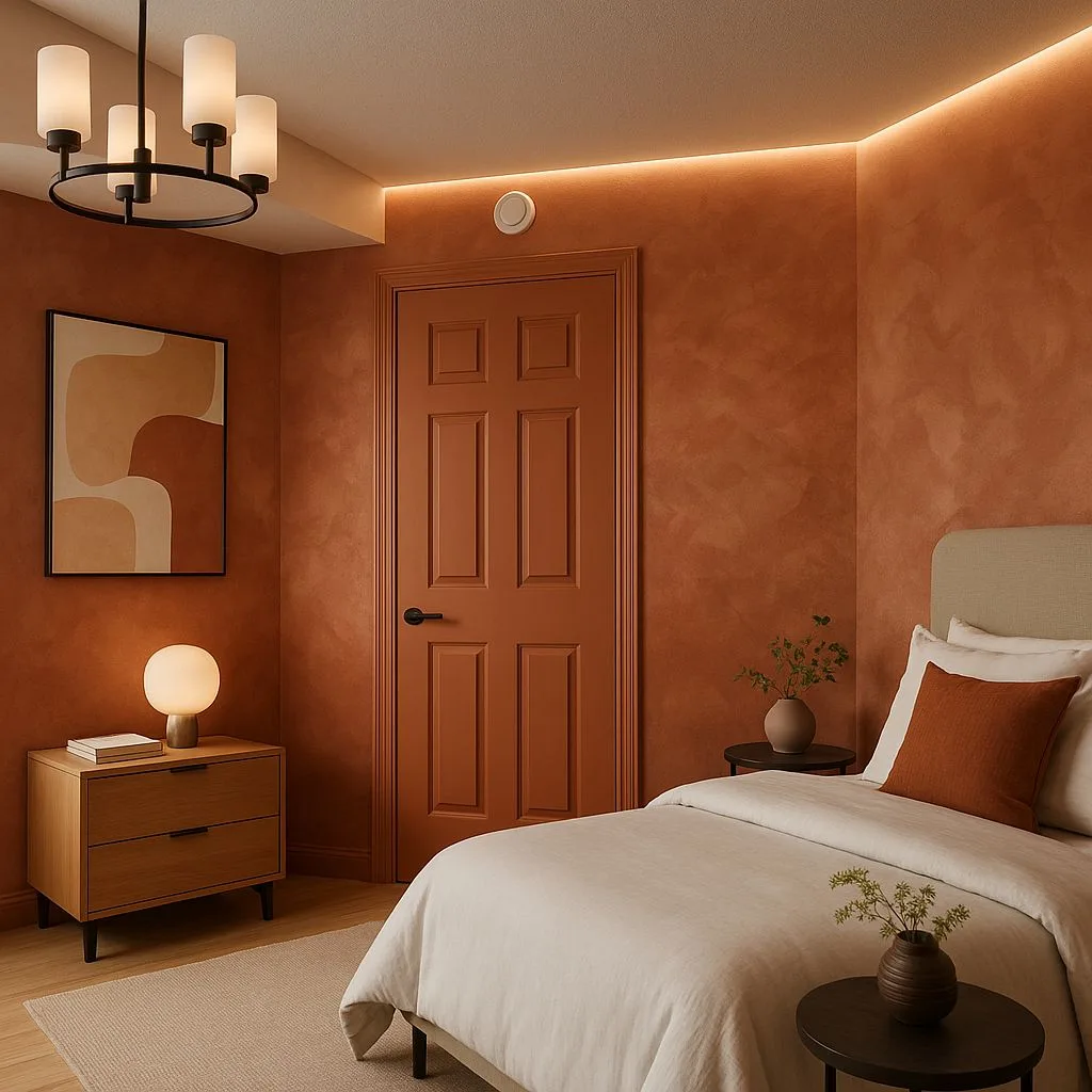 Rustic modern bedroom with terracotta stucco walls, light wood nightstands, linen duvet, black metal chandelier, recessed lighting, photorealistic interior design photography, 8k