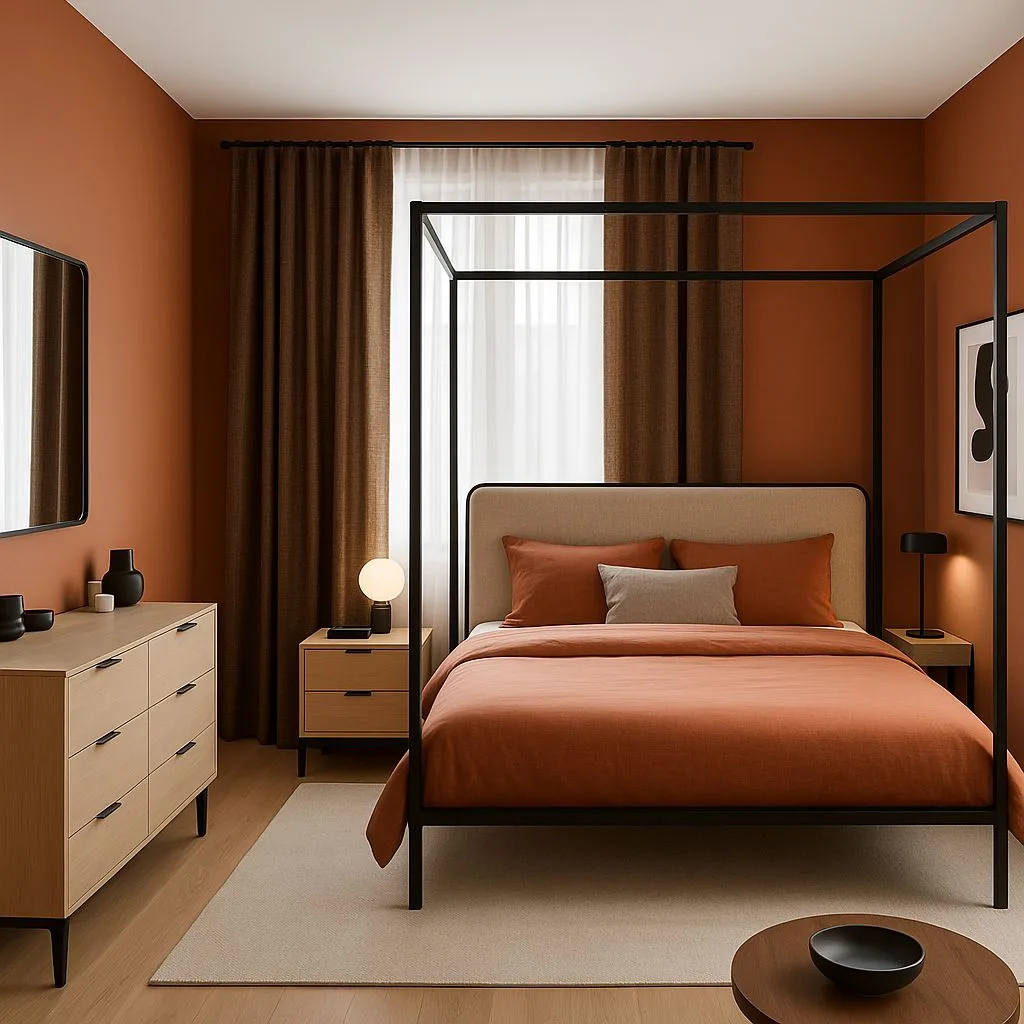 Modern terracotta bedroom with black canopy bed, light wood dresser, linen bedding, brown curtains, globe table lamp, photorealistic interior design photography, 8k