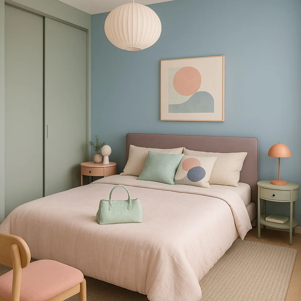 Modern pastel bedroom with light blue walls, blush pink bedding, light wood furniture, woven rug, paper lantern pendant, photorealistic interior design photography, 8k