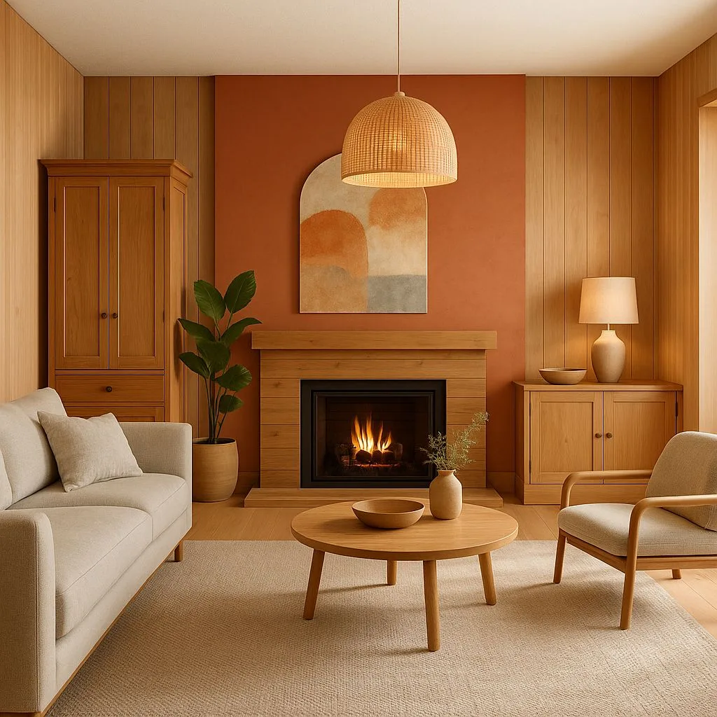 Warm terracotta living room with wood paneled walls, light wood furniture, woven pendant light, neutral linen sofa, fireplace, photorealistic interior design photography, 8k