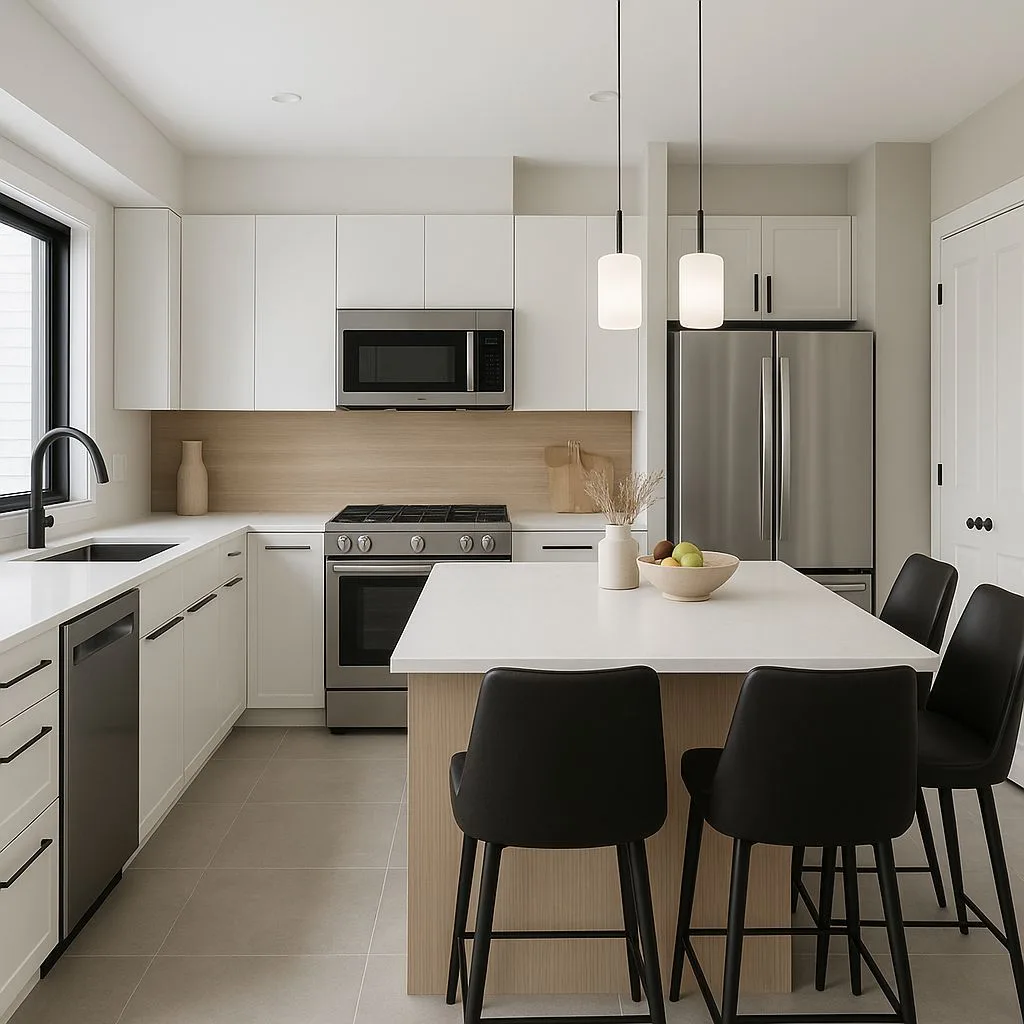 Minimalist kitchen with flat panel white cabinets, quartz countertops, light wood backsplash, black hardware, pendant lights, black leather stools, photorealistic interior design photography, 8k