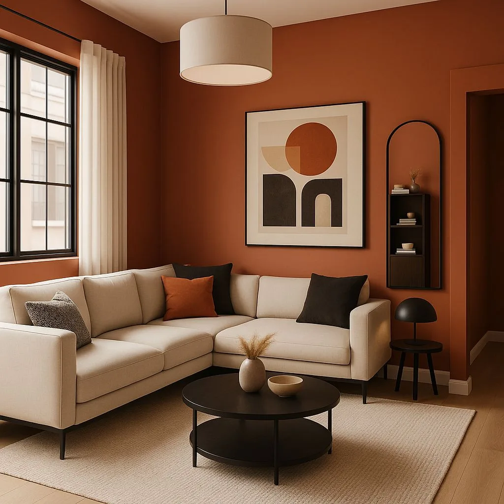 Contemporary living room with terracotta walls, cream sectional sofa, black round coffee table, minimalist artwork, drum pendant, photorealistic interior design photography, 8k