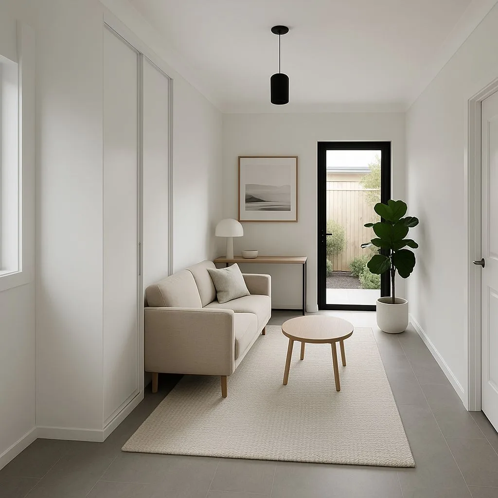 Minimalist Scandinavian entryway with white walls, beige linen sofa, light wood coffee table, black pendant, gray tile floor, photorealistic interior design photography, 8k