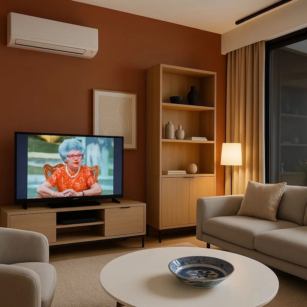 Warm modern living room with terracotta accent wall, light wood shelving, beige linen sofa, round white coffee table, floor lamp, photorealistic interior design photography, 8k