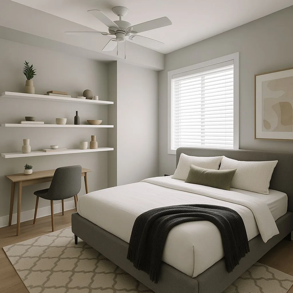 Minimalist modern bedroom with light grey walls, white linen bedding, floating white shelves, wood desk, geometric rug, photorealistic interior design photography, 8k