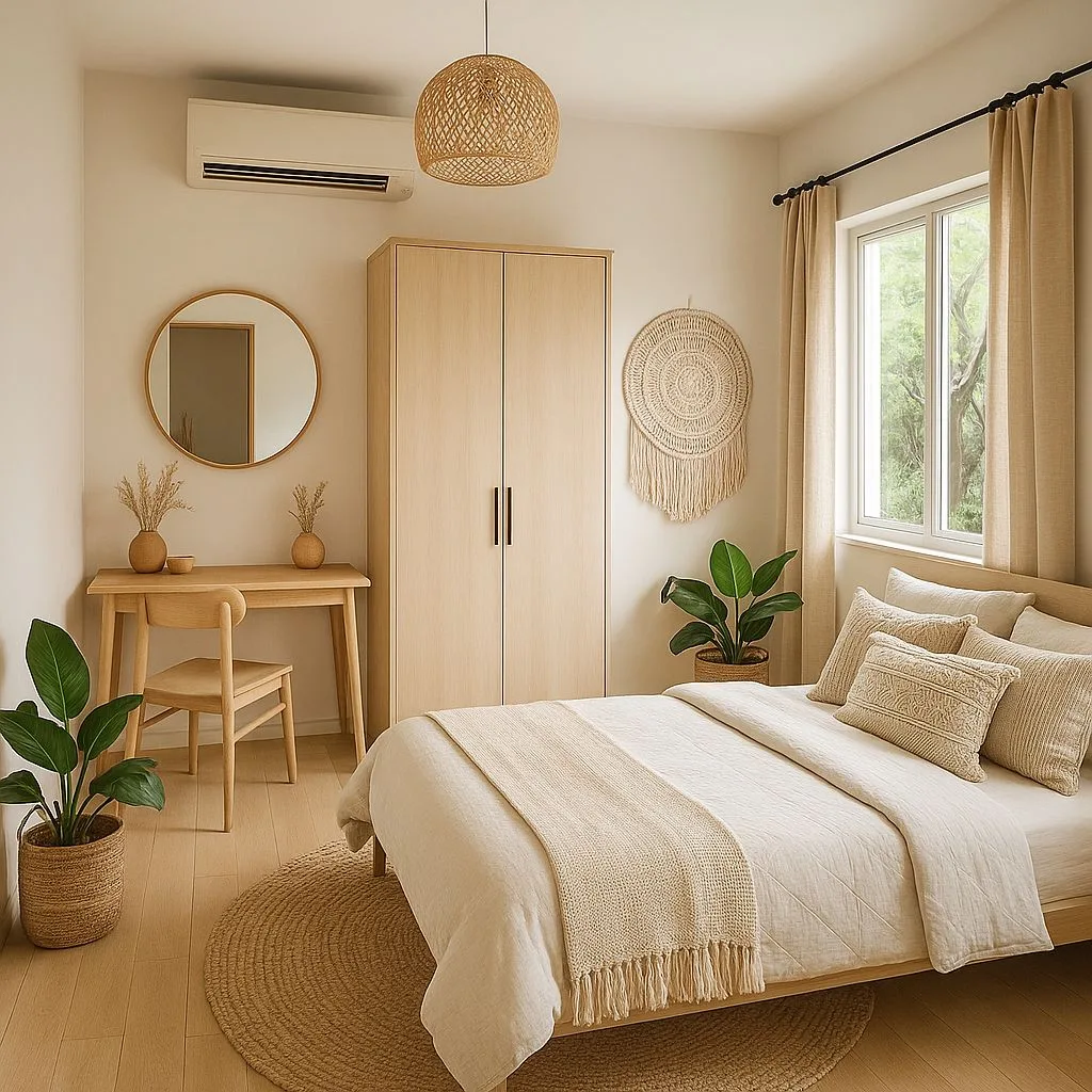 Neutral bohemian bedroom with light wood floors, woven jute rug, linen bedding, rattan pendant, potted plants, photorealistic interior design photography, 8k