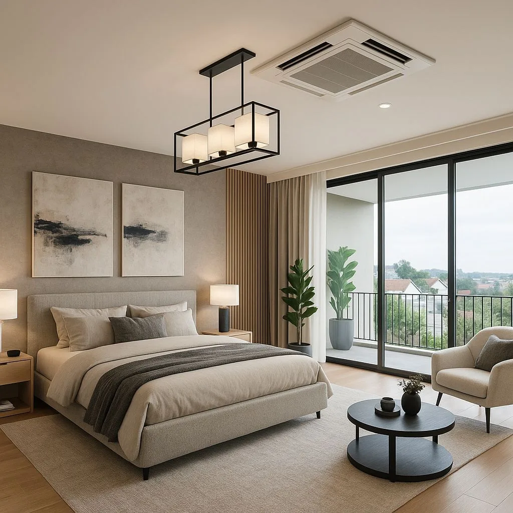 Modern neutral bedroom with light grey upholstered bed, wood slat accent wall, black frame chandelier, beige rug, large sliding glass doors, photorealistic interior design photography, 8k