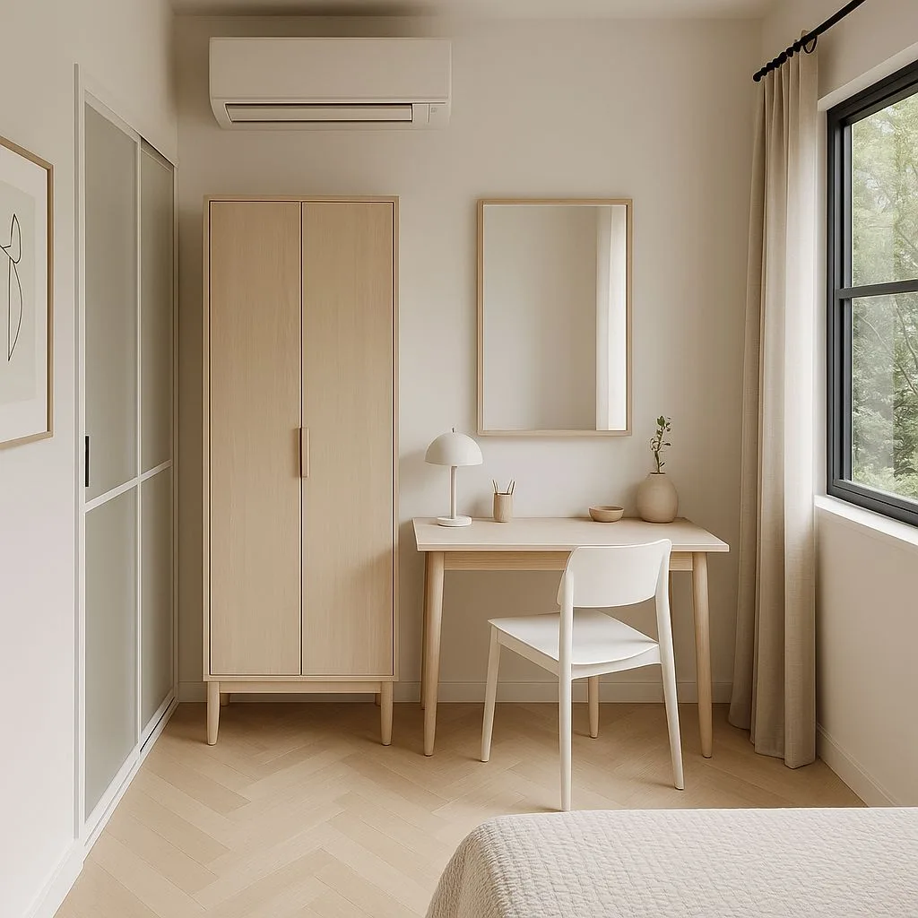 Minimalist Scandinavian bedroom with light wood herringbone floors, birch wardrobe, simple desk, white molded chair, linen curtains, photorealistic interior design photography, 8k