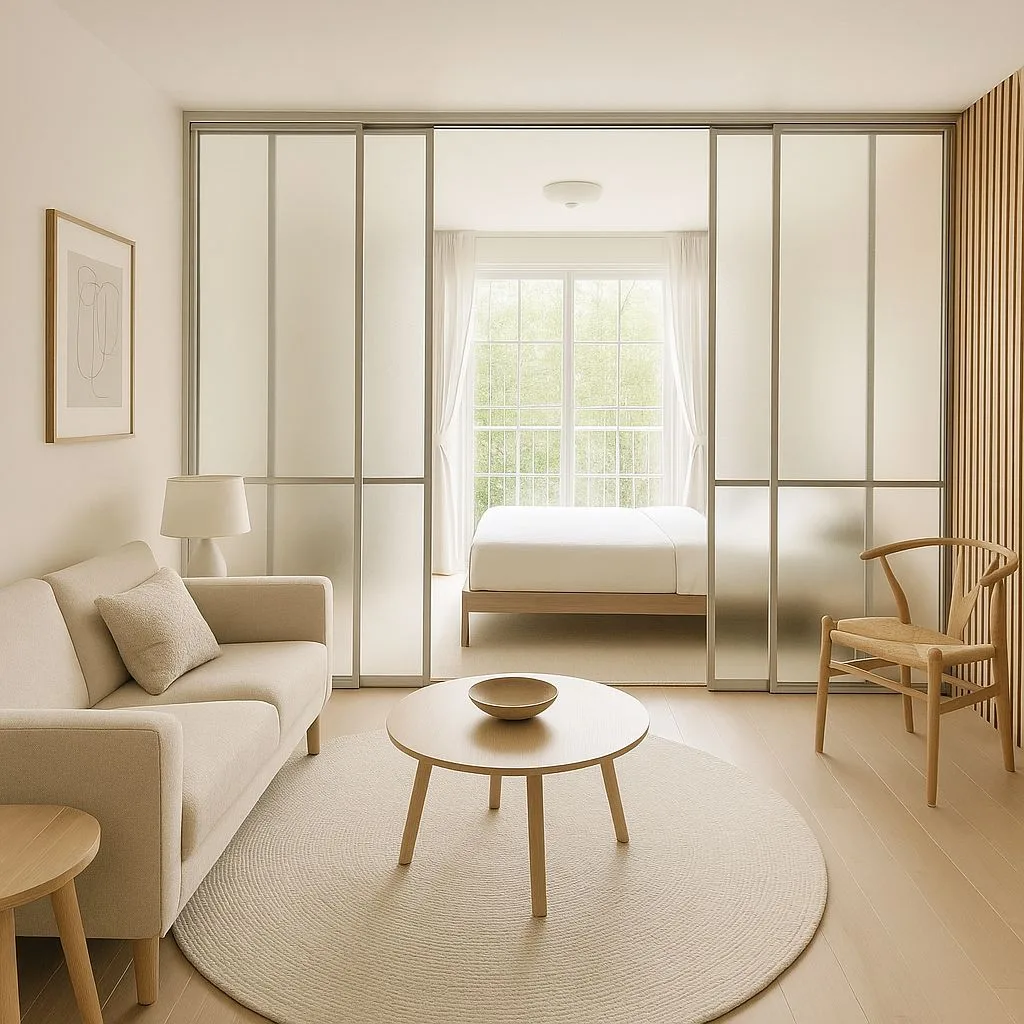 Minimalist Scandinavian studio apartment with sliding glass doors to bedroom, light wood floors, beige sofa, round jute rug, wood wishbone chair, photorealistic interior design photography, 8k