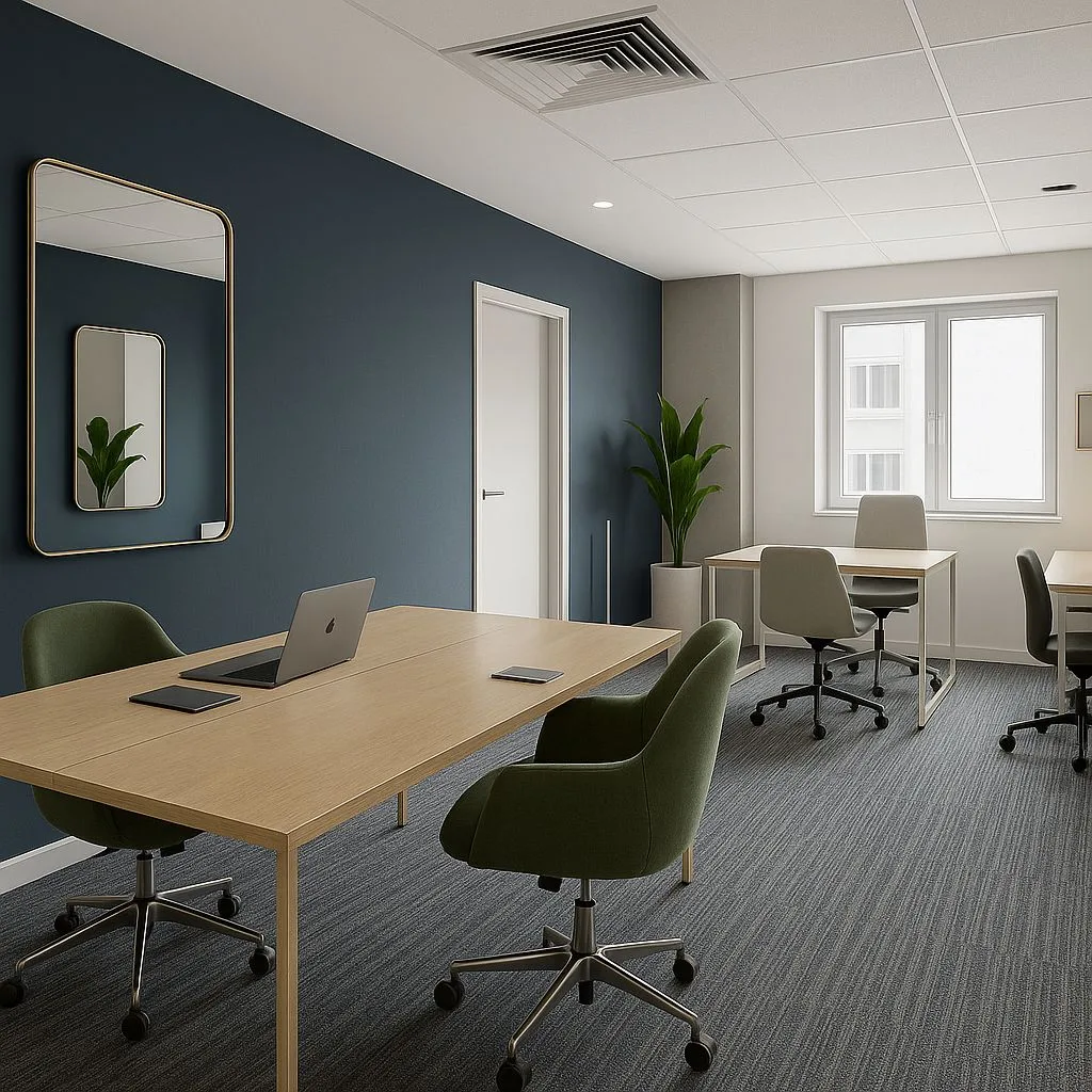 Modern office interior with navy blue accent wall, light wood conference table, green upholstered chairs, grey carpet, large windows, photorealistic interior design photography, 8k