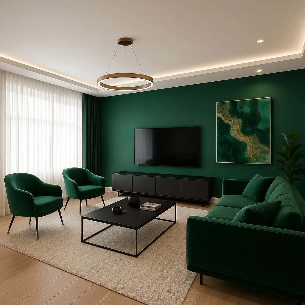 Modern living room with emerald green walls, velvet sofa, black media console, light wood floors, beige rug, photorealistic interior design photography, 8k