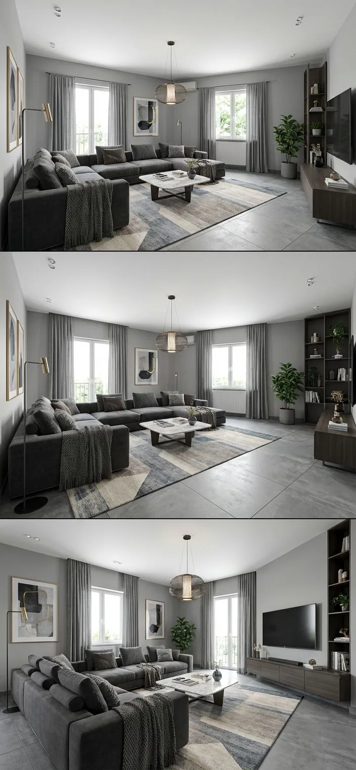 Modern grey living room with large charcoal sectional sofa, marble coffee table, geometric rug, sheer curtains, woven pendant, photorealistic interior design photography, 8k