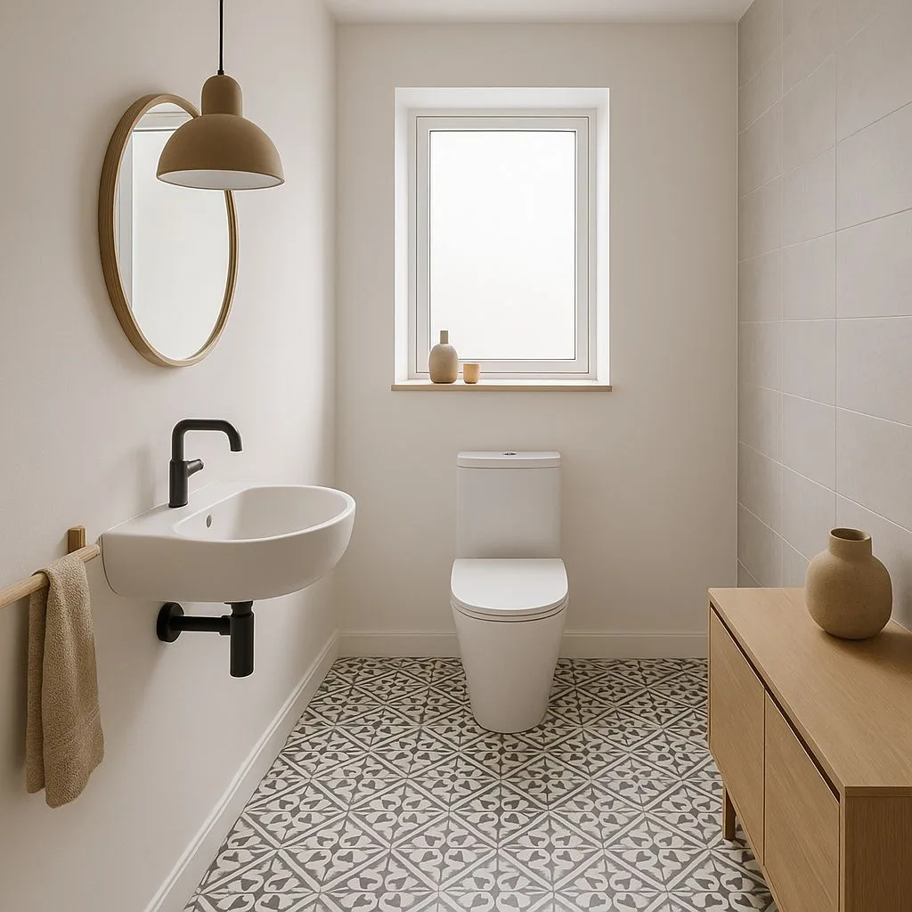 Minimalist powder room with patterned tile, white wall-mounted sink, black fixtures, light oak vanity, round wood mirror, photorealistic interior design photography, 8k