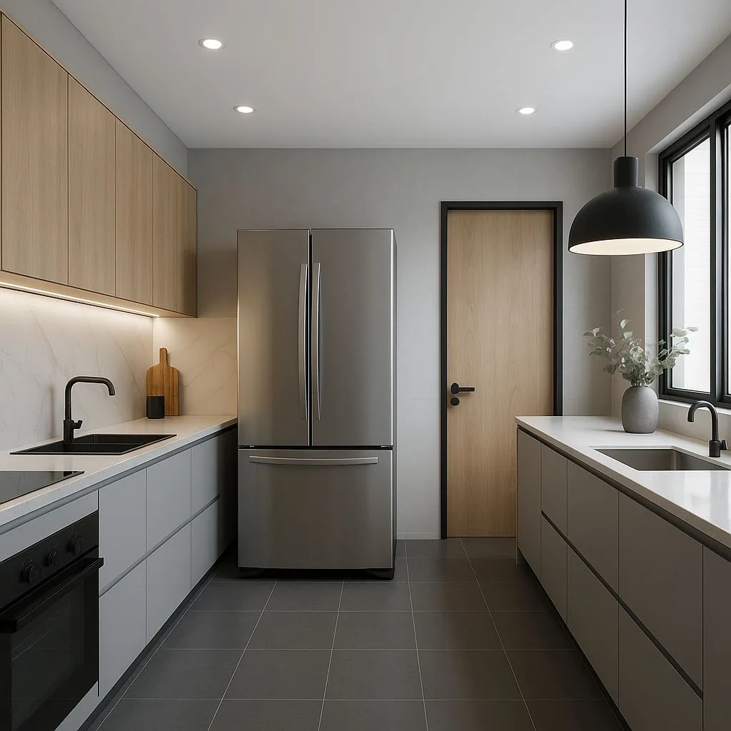 Modern minimalist kitchen with light wood upper cabinets, gray lower cabinets, stainless steel refrigerator, black hardware, dark gray tile, photorealistic interior design photography, 8k