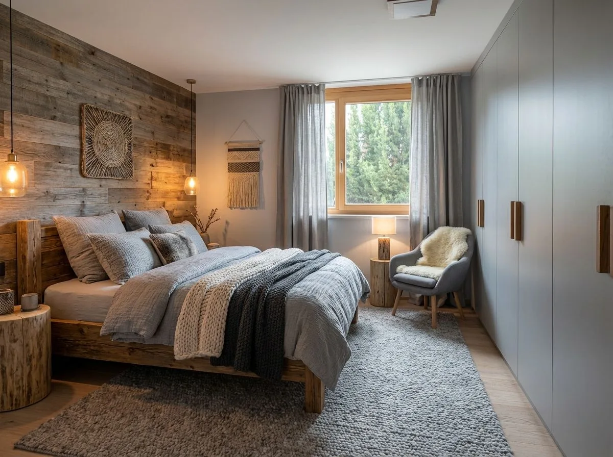 Rustic modern bedroom with reclaimed wood wall, gray linen duvet, chunky knit blanket, wood stump tables, glass pendant lights, photorealistic interior design photography, 8k