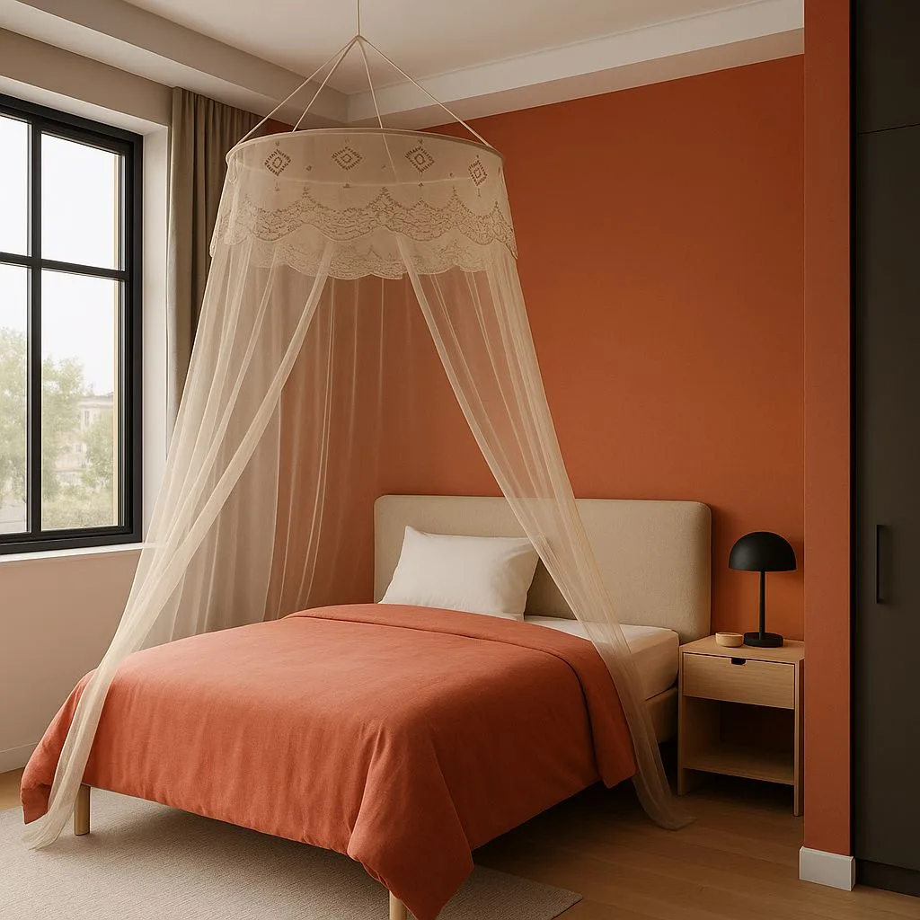 Minimalist terracotta bedroom with sheer canopy, light wood nightstand, black dome lamp, wood floors, beige headboard, photorealistic interior design photography, 8k