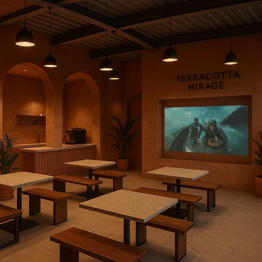 Modern terracotta cafe interior with arched doorways, minimalist wood tables, wood benches, terrazzo counters, black pendants, movie screen, photorealistic interior design photography, 8k