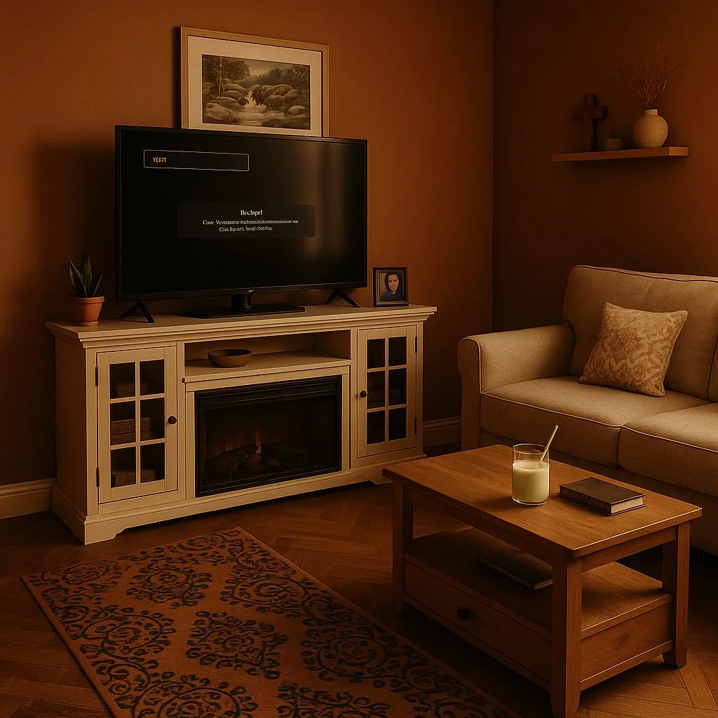 Traditional living room with warm brown walls, cream sofa, oak coffee table, herringbone wood floors, white media console, fireplace, photorealistic interior design photography, 8k