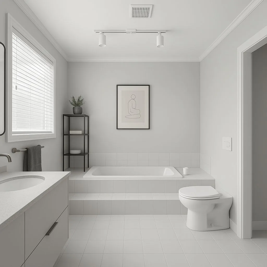 Minimalist light grey bathroom with white porcelain tile, integrated bathtub, floating vanity, black metal shelving, track lighting, photorealistic interior design photography, 8k