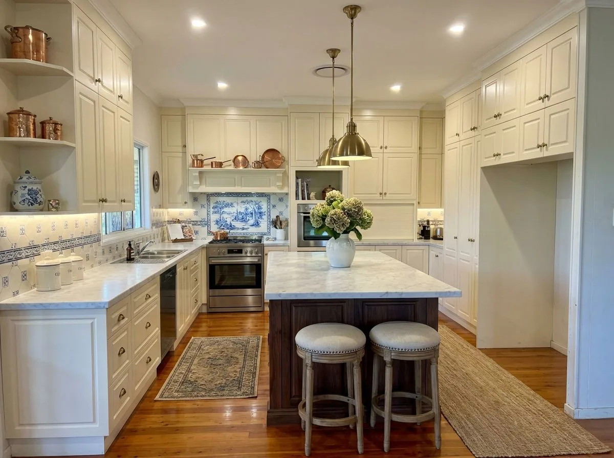 Traditional style kitchen with cream cabinets, marble countertops, dark wood island, brass pendant lights, blue patterned backsplash, wood floors, photorealistic interior design photography, 8k