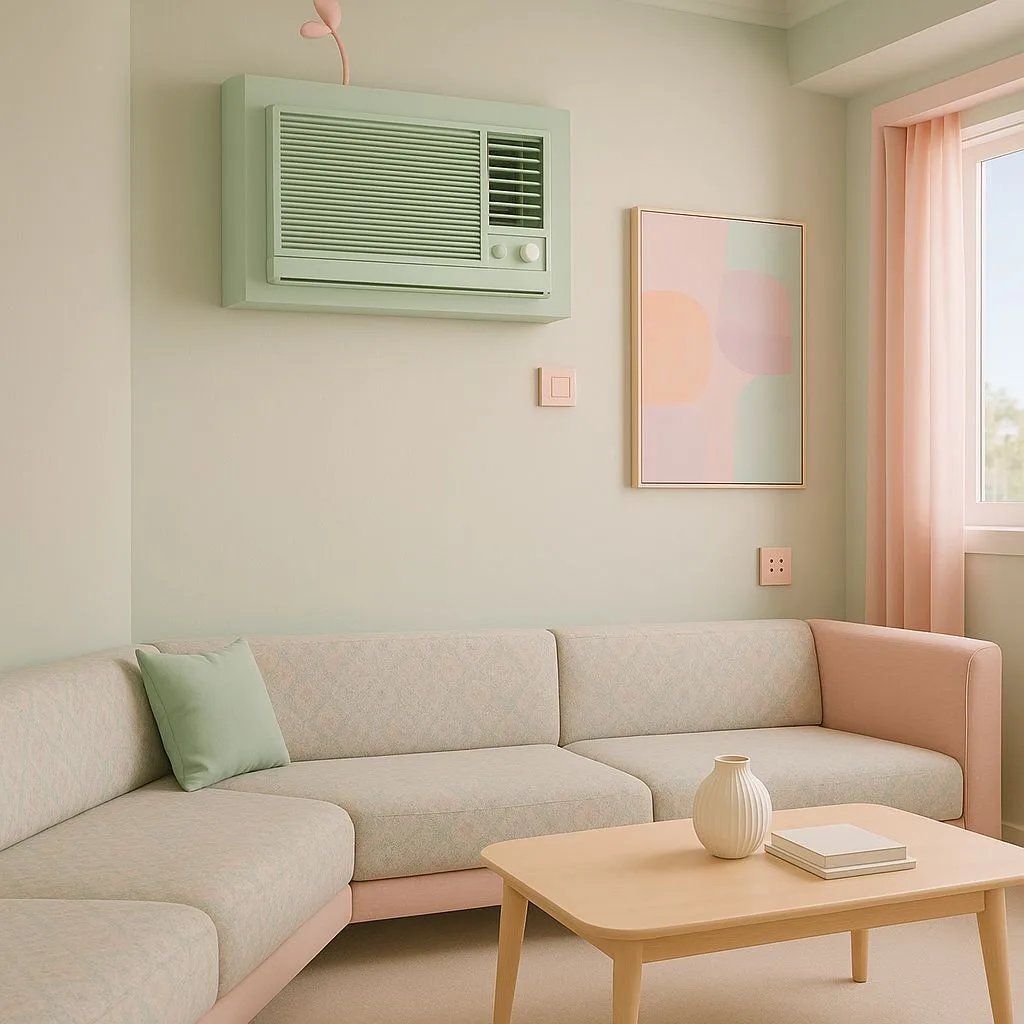 Pastel minimalist living room with light green walls, peach trim, fabric sectional sofa, light wood coffee table, pink curtains, photorealistic interior design photography, 8k