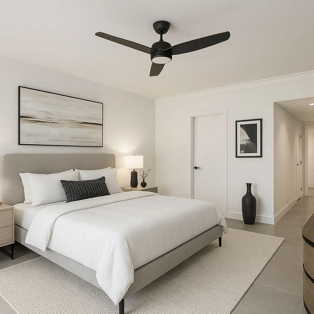 Minimalist bedroom with grey upholstered bed frame, white linen bedding, black ceiling fan, neutral abstract art, light grey tile, photorealistic interior design photography, 8k