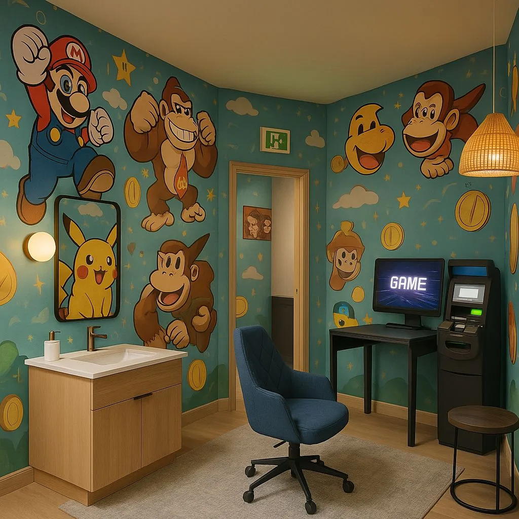 Fun eclectic gamer bathroom with teal walls, Mario mural, Donkey Kong mural, light wood vanity, blue office chair, photorealistic interior design photography, 8k