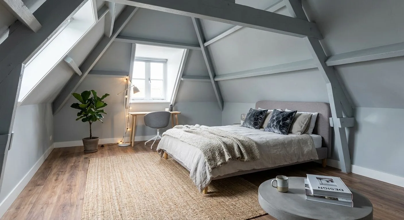 Minimalist Scandinavian bedroom with light grey walls, exposed wood beams, jute rug, linen bedding, small wood desk, photorealistic interior design photography, 8k