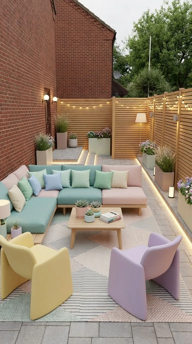 Modern pastel patio with light wood fence, string lights, modular sofa, geometric rug, colorful chairs, photorealistic interior design photography, 8k
