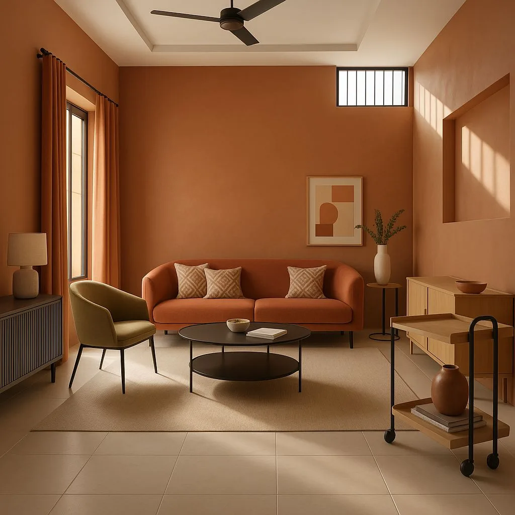 Contemporary terracotta living room with curved orange sofa, olive green chair, black metal coffee table, light wood sideboard, neutral rug, photorealistic interior design photography, 8k