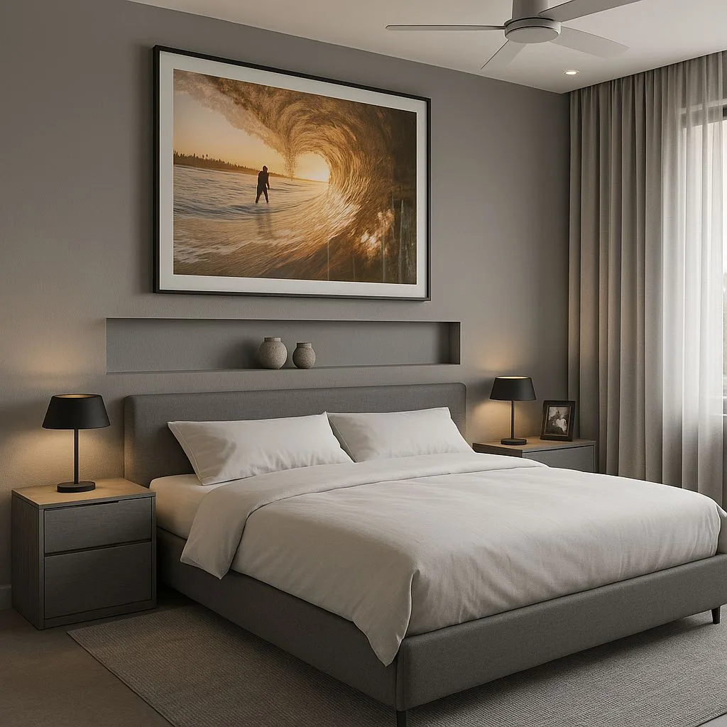Minimalist modern bedroom with grey fabric bed, white linen sheets, warm grey walls, black table lamps, sheer curtains, photorealistic interior design photography, 8k