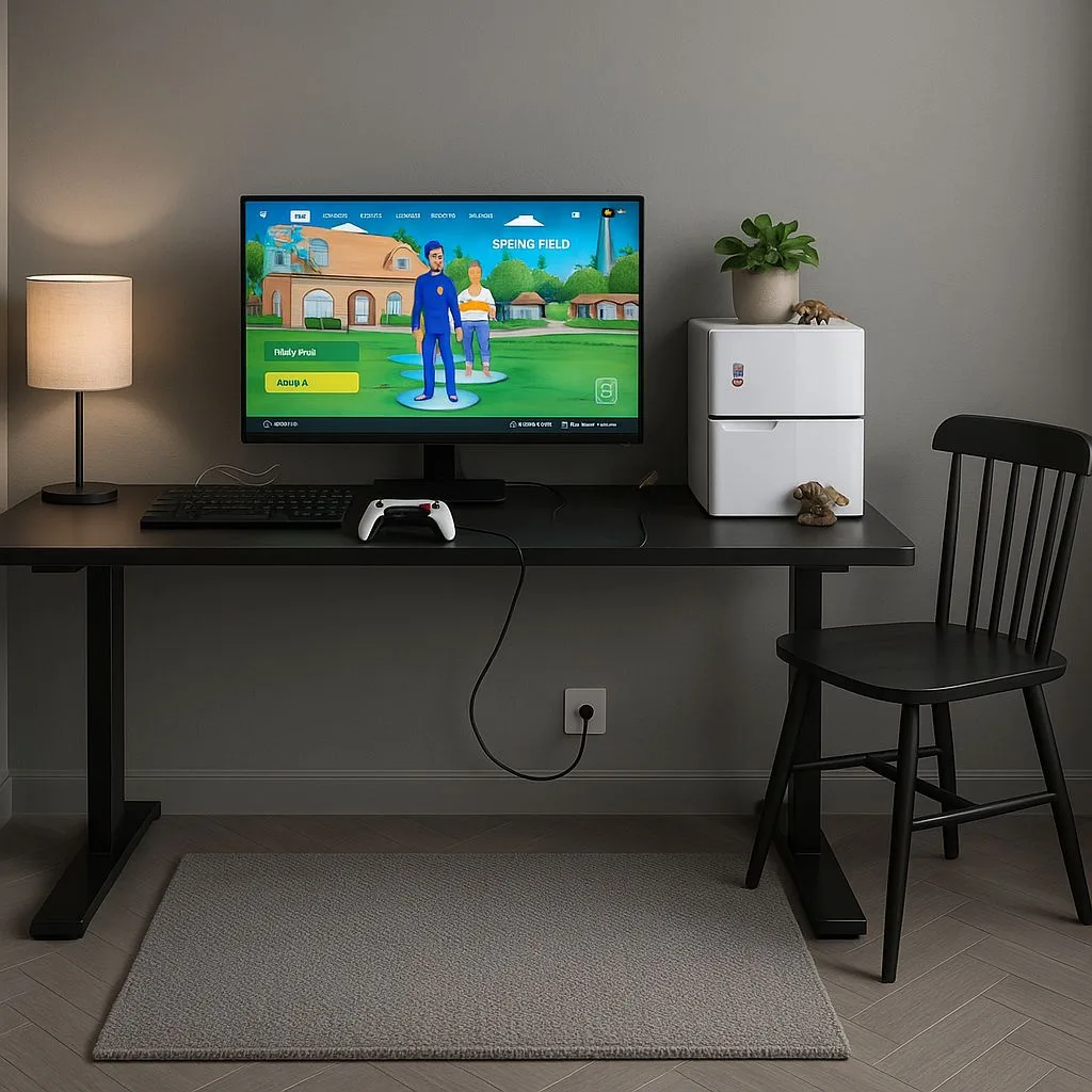 Modern minimalist home office with black desk, black spindle chair, warm grey walls, small white refrigerator, linen lamp, photorealistic interior design photography, 8k