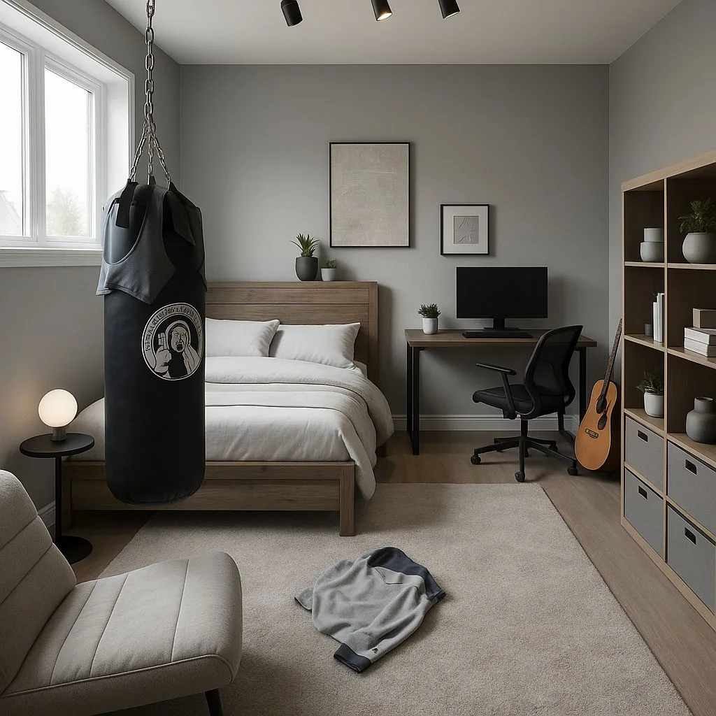 Modern minimalist bedroom with light wood bed frame, grey walls, neutral rug, black punching bag, black track lighting, photorealistic interior design photography, 8k
