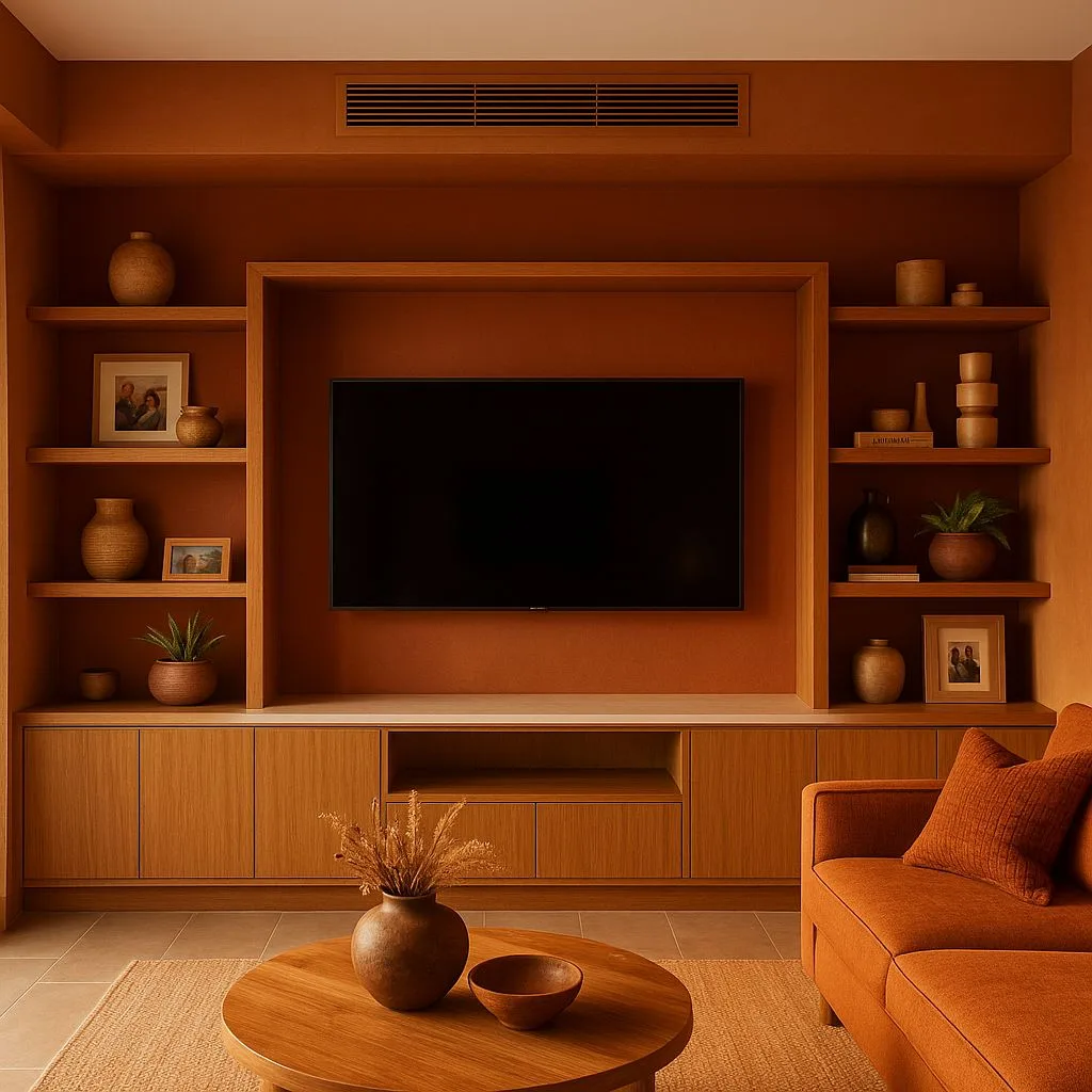 Mid-century modern living room with terracotta walls, oak built-in shelving, linen sofa, round wood table, jute rug, photorealistic interior design photography, 8k